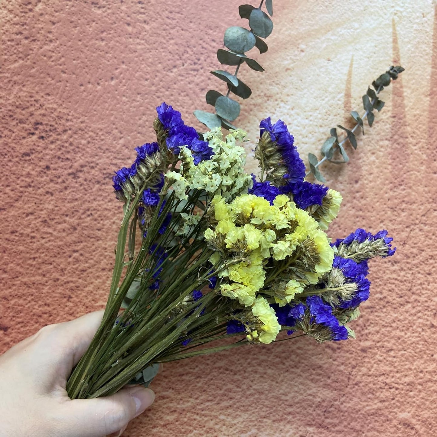 L'BREVOGA Dried Flower Bouquets, Purple and Yellow Statice Sea Lavender with Eucalyptus, 100% Natural Flowers for Decoration Home Party- Purple/Yellow, 13 inches