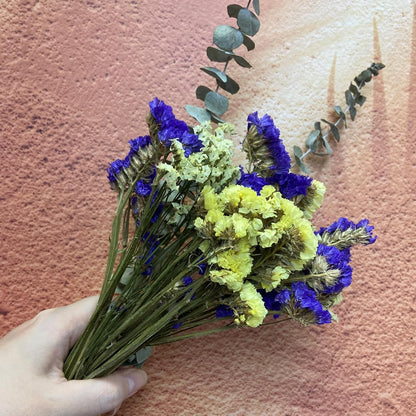 L'BREVOGA Dried Flower Bouquets, Purple and Yellow Statice Sea Lavender with Eucalyptus, 100% Natural Flowers for Decoration Home Party- Purple/Yellow, 13 inches
