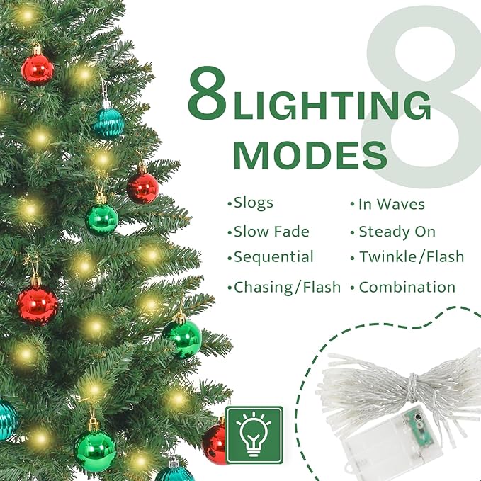 Sunshine Green Christmas Tree with Light 3ft Artifical Full Christmas Tree with Ball & Star Ornaments 8 Lighting Modes for Holiday Decor