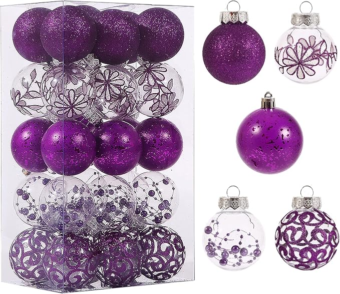 Clear Christmas Ornaments Set, 30ct 2.36inch Purple Shatterproof Christmas Ornaments Balls for Christmas Tree Delicate Stuffed Decorative Transparent Crystal Baubles for Xmas Halloween Wedding Party