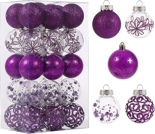 Clear Christmas Ornaments Set, 30ct 2.36inch Purple Shatterproof Christmas Ornaments Balls for Christmas Tree Delicate Stuffed Decorative Transparent Crystal Baubles for Xmas Halloween Wedding Party