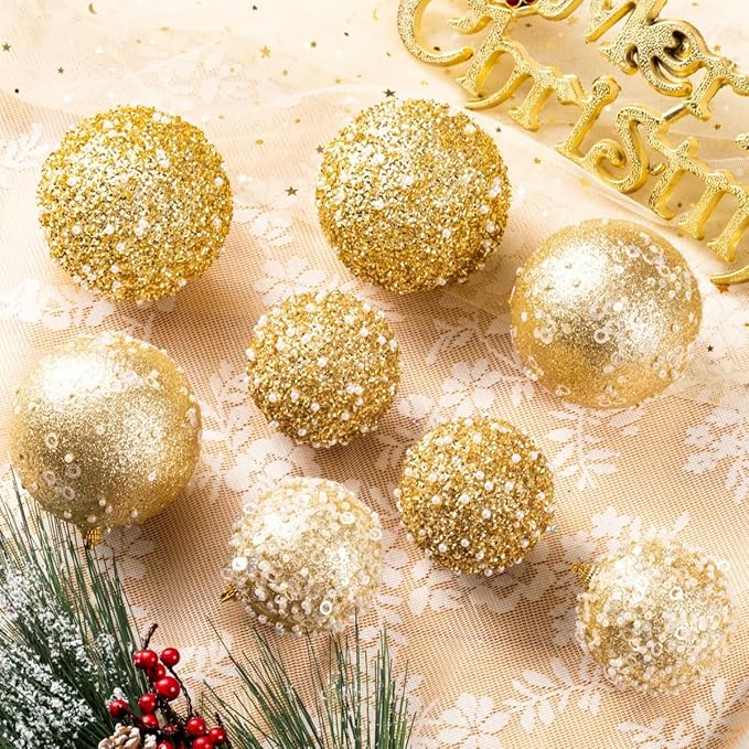 8CT Christmas Ball Ornaments, Gold Christmas Ball Decorations Shatterproof Plastic Hanging Pearl Balls for Holiday Party(90mm/3.54")