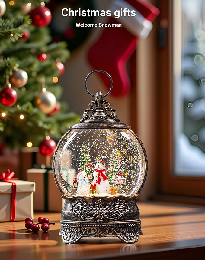 Snow Globe Lights Welcome Snowman Scene Tree Scene Music Box, USB and Battery Powered Christmas Decorations Presents.