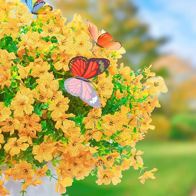 20 Bundles Artificial Flowers for Outdoors‌ with 6 Faux Butterflies, UV Resistant Fake Flowers‌ with Eucalyptus Leaves, Artificial Plants Outdoor‌ for Patio Garden Porch Home Decor (Yellow)