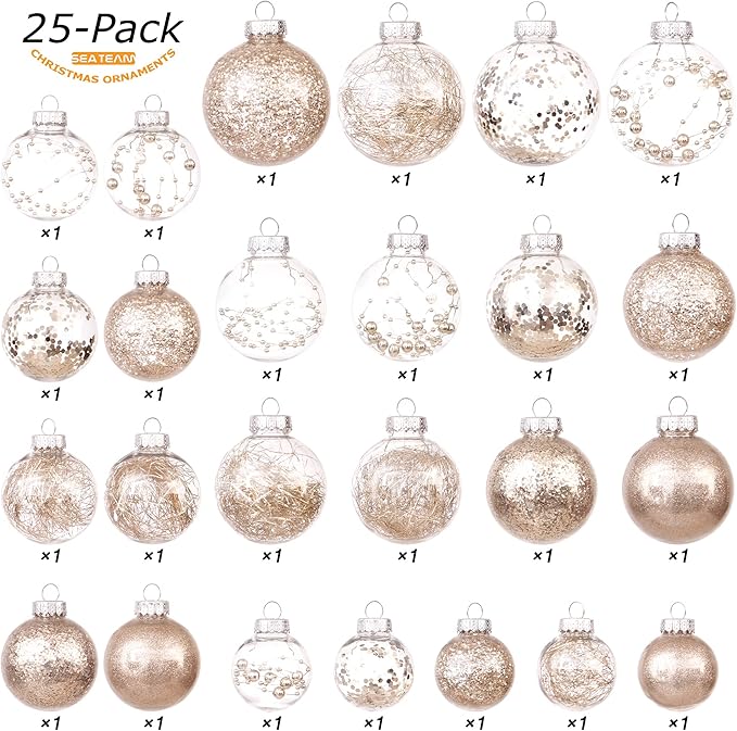 Sea Team Christmas Baubles Set Clear Plastic Shatterproof Multi-Size Decorative Christmas Baubles with Stuffed Delicate Decorations (25 Pieces, Champagne)