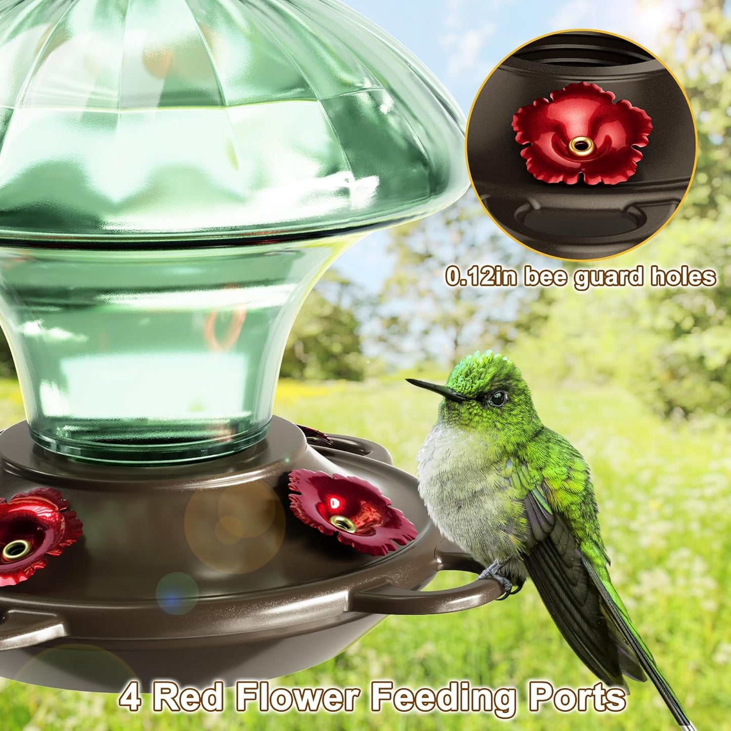 Hummingbird Feeder, Auslar 15 Ounces Glass Hummingbird Feeders for Outdoors Hanging Ant and Bee Proof, Ant Moat & 4 Flower Feeding Ports, Rustproof, Leakproof, Mushroom Shape, Green