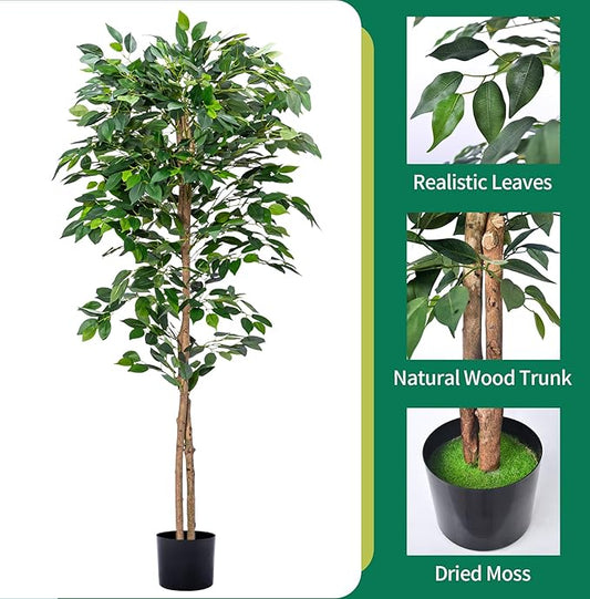 1Pack 5FT Artificial Ficus Tree with Realistic Leaves and Natural Trunk, Faux Ficus Tree with Sturdy Plastic Nursery Pot, Fake Ficus Tree for Office Home Farmhouse for Indoor Outdoor Decor