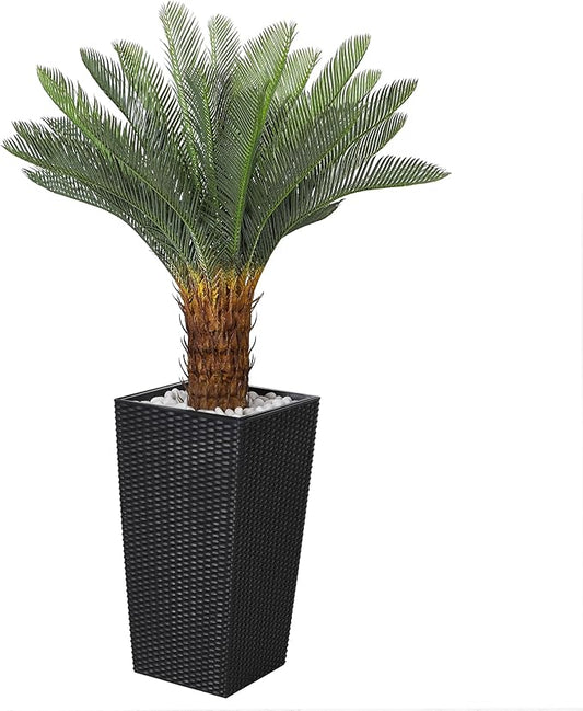 4FT Artificial Cycas Tree, Faux Sago Palm Tree with Planter, Decorative Rocks, Fake Palm Tropical Plant with Authentic Leaves and Trunk for Home Office Patio Porch Decor(Black)