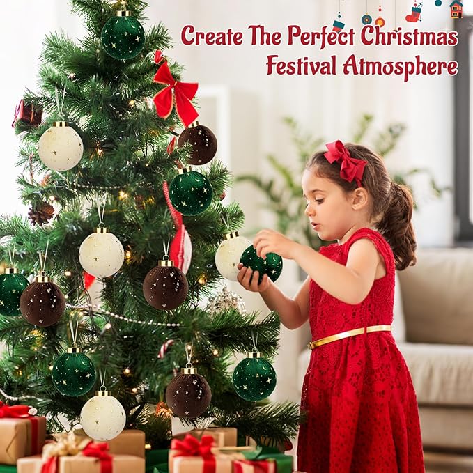 Christmas Tree Ornaments Velvet Balls - 12 Pcs Shatterproof Christmas Tree Hanging Bulbs Decorations Set for Holiday Party Xmas - Multicolor Green Brown Neutral - 3.15 Inch (80mm)