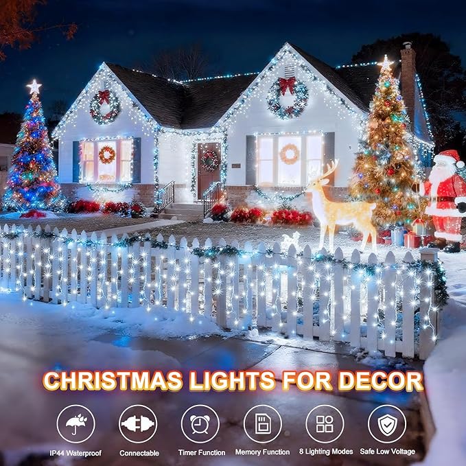 KNONEW Christmas Lights Outdoor Decorations 400 LED 33ft 8 Modes Curtain Fairy String Light with 75 Drops, Clear Wire LED String Light Decor for Wedding Party Holiday Christmas Decorations(Cool White)