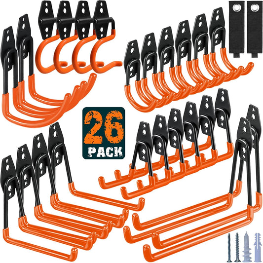 26 Pack Garage Hooks Heavy Duty Utility Steel with Anti-Slip Coating Wall Mount Storage Organizer for Hanging Power and Garden Tools, Ladders, Hose, Bikes, Ropes, Bulk Items, and More