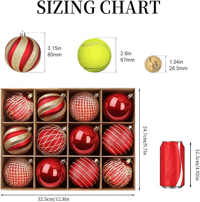 SHareconn 80mm Christmas Balls Ornaments,12PCS Colored Shatterproof Plastic Decorative Hanging Tree Decorations Baubles Set for Xmas Tree Decor Holiday Party Wedding Decoration with Lanyard,Red & Gold