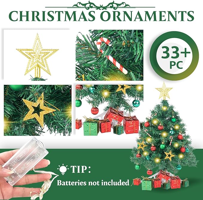 XmasExp 20in Mini Christmas Tree with Lights Green Small Christmas Tree Artificial Tabletop Xmas Decor Holiday Decoration for Home, Office, Party