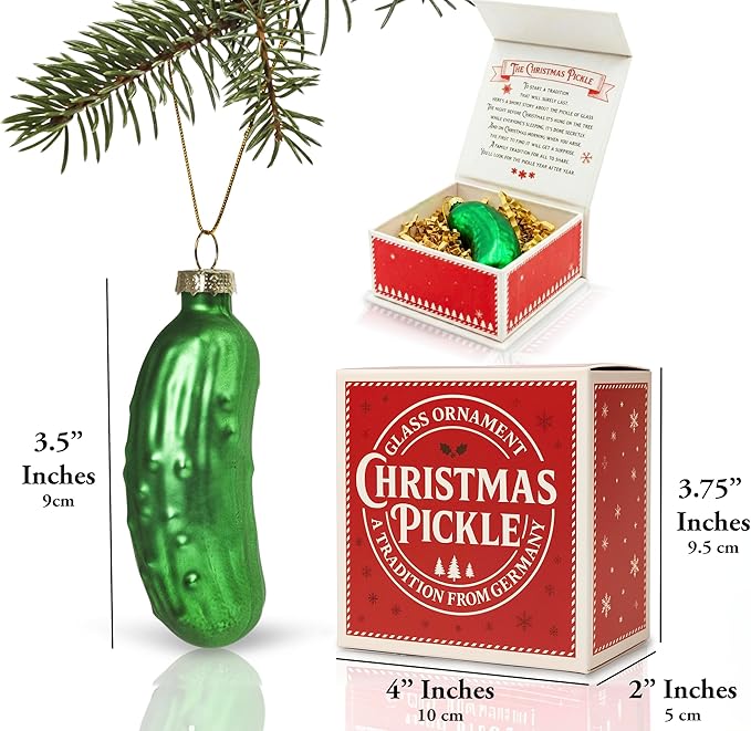 German Christmas Pickle Ornament Tradition – Handcrafted Green Glass Christmas Tree Ornament – Gift Boxed with Story & Legend – Holiday Keepsake Gift