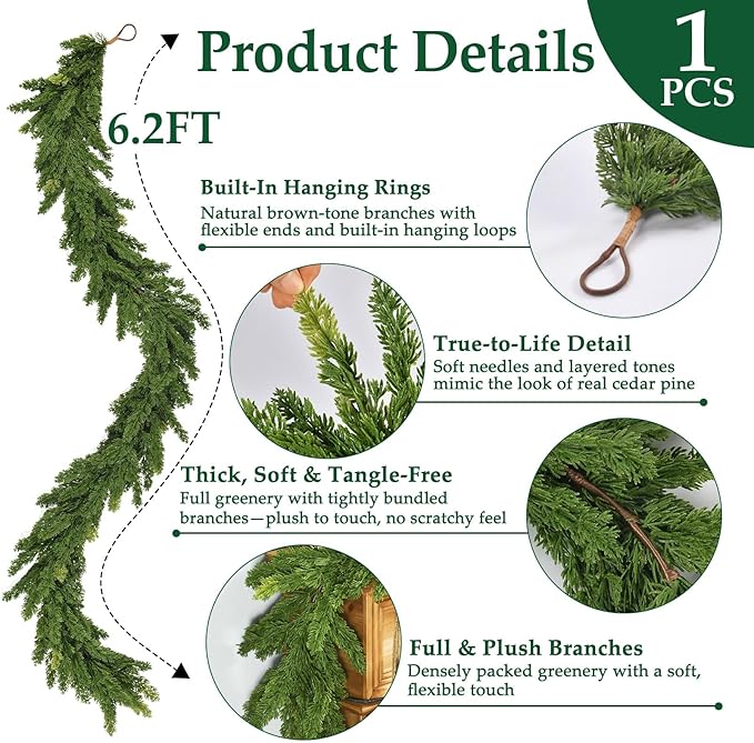 6.2FT Christmas Cedar Garland Artificial Real Touch Greenery with Thick and Lush Soft Pine Needles, Realistic Faux Green Garlands for Mantle Fireplace Table Indoor Outdoor Christmas Decorations