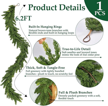 6.2FT Christmas Cedar Garland Artificial Real Touch Greenery with Thick and Lush Soft Pine Needles, Realistic Faux Green Garlands for Mantle Fireplace Table Indoor Outdoor Christmas Decorations