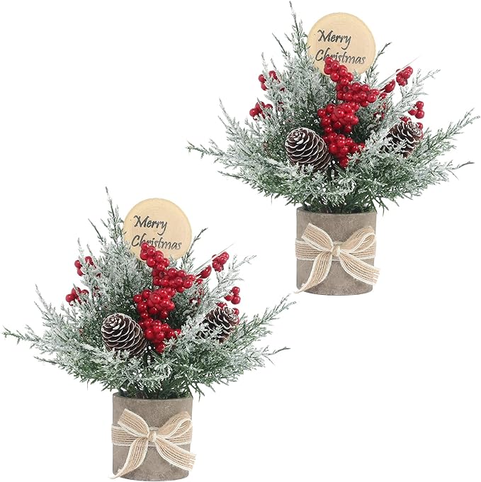 2PCS Small Christmas Tree,Tabletop Mini Xmas Tree,9" Artificial Little Potted for Christmas Decor,Suitable for Weddings, Holidays, Christmas and Other Festivals.(Red/Green)