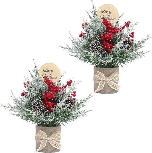 2PCS Small Christmas Tree,Tabletop Mini Xmas Tree,9" Artificial Little Potted for Christmas Decor,Suitable for Weddings, Holidays, Christmas and Other Festivals.(Red/Green)