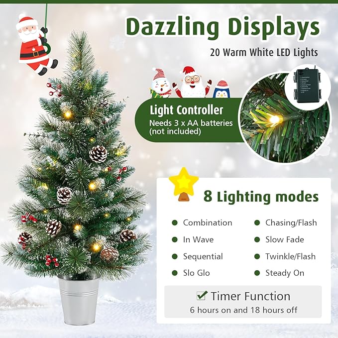 HAPPYGRILL 3 FT Artificial Entrance Christmas Tree, Small Tabletop Xmas Tree w/81 Branch Tips, Eucalyptus Leaves, Pine Needles, Pine Cones, Red Berries, 20 LED Lights, Timer, 8 Lighting Modes