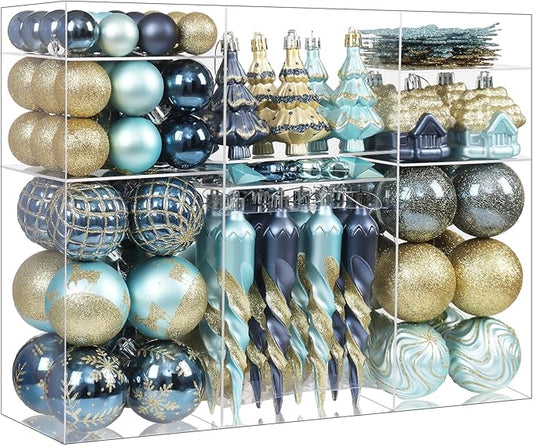 124Ct Blue and Gold Christmas Ornaments Set, Luxury Shatterproof Assorted Christmas Decorations for Xmas Tree Snowflake Icicle House Ball Ornaments Baubles for Holiday Party Decor（Blue & Gold）