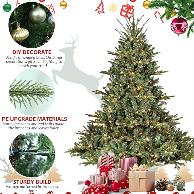 Prelit Spruce LED Christmas Tree - 7ft Artificial with Lights & 2296 Mixed PVC Tips, Auto Hinged for Office/Home Decor