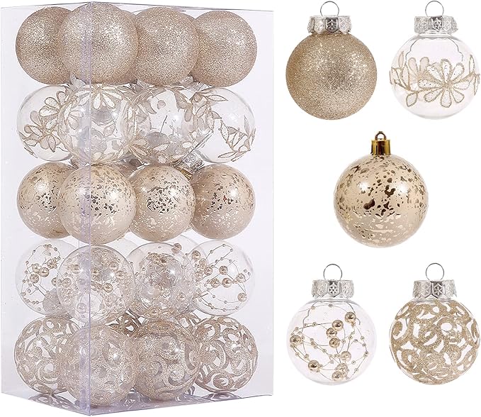 60mm/2.36inch Clear Christmas Ornaments Set, 30ct Champagne Christmas Ornaments Balls for Christmas Tree Decorations Shatterproof Transparent Baubles with Stuffed Decoration for Xmas Wedding Party