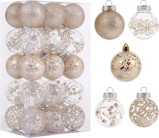 60mm/2.36inch Clear Christmas Ornaments Set, 30ct Champagne Christmas Ornaments Balls for Christmas Tree Decorations Shatterproof Transparent Baubles with Stuffed Decoration for Xmas Wedding Party
