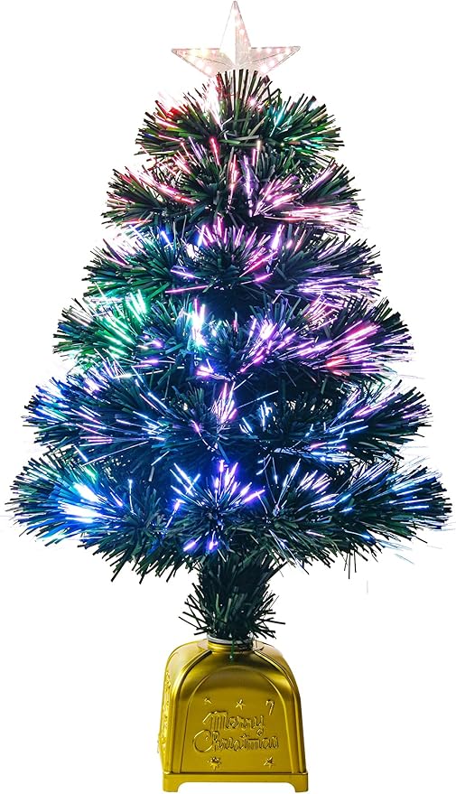 24inch Green Pre-lit Fiber Optic Christmas Tree,Tabletop Artificial mini Xmas Tree with Gold Base Pot, Stars for Holiday Home Decorations