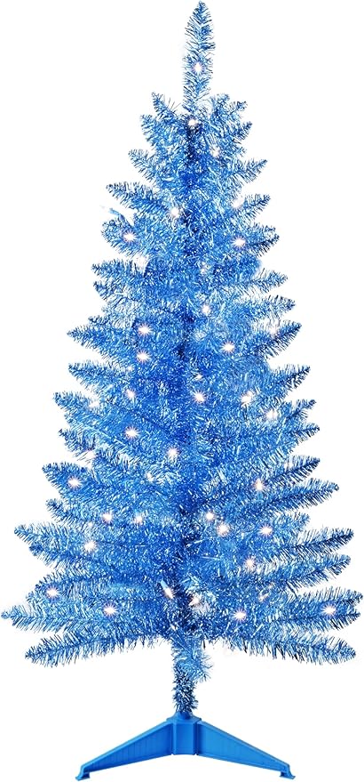 4ft Artificial Full Blue Christmas Tree with Separate Lights, Not Pre-lit Mini Blue Tinsel Pine Christmas Tree, 50 Lights, Small Xmas Tree for Home, Office, Party Decoration, Indoor