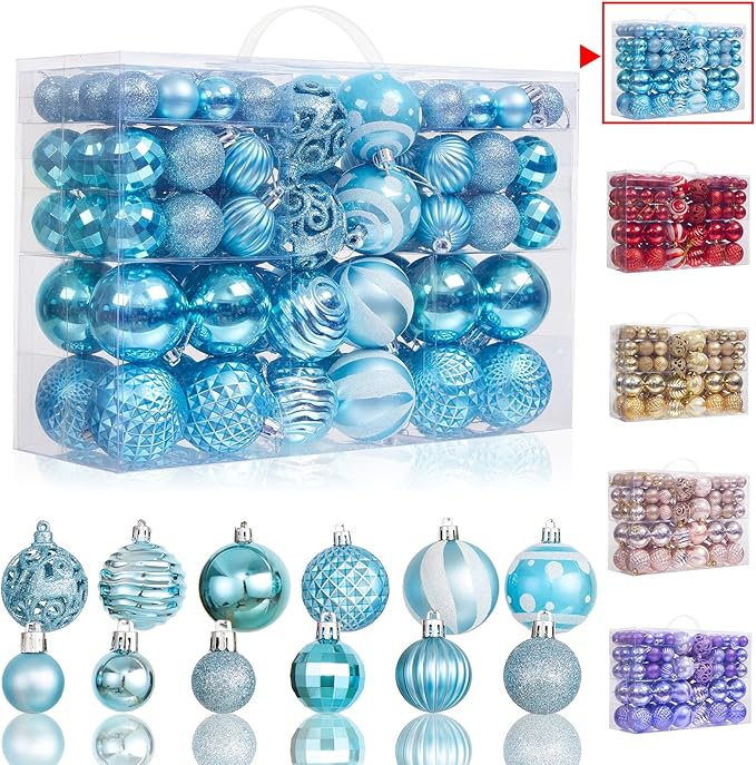 100PCS Christmas Ball Ornaments, Assorted Shatterproof Christmas Tree Decorations, Seasonal Decorative Hanging Baubles Decor Set for Xmas/Holiday/Party, Glitter&Painting Ornament Set (Light Blue)