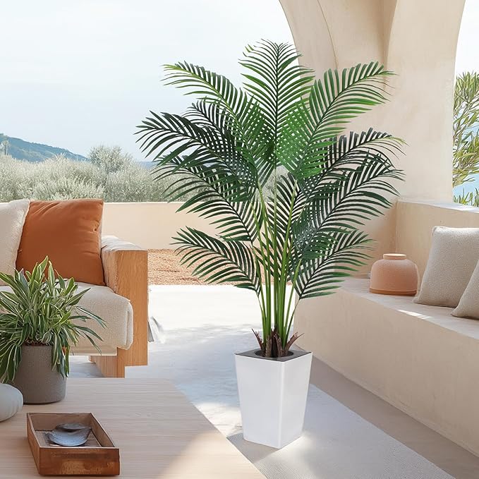 Artificial Palm Tree with White Tall Planter, 5ft Tall Potted Artificial Silk Palm Tree Plant, Fake Tropical Plant, Home Office Floor Room Decor Plants Indoor Outdoor, Housewarming Gift