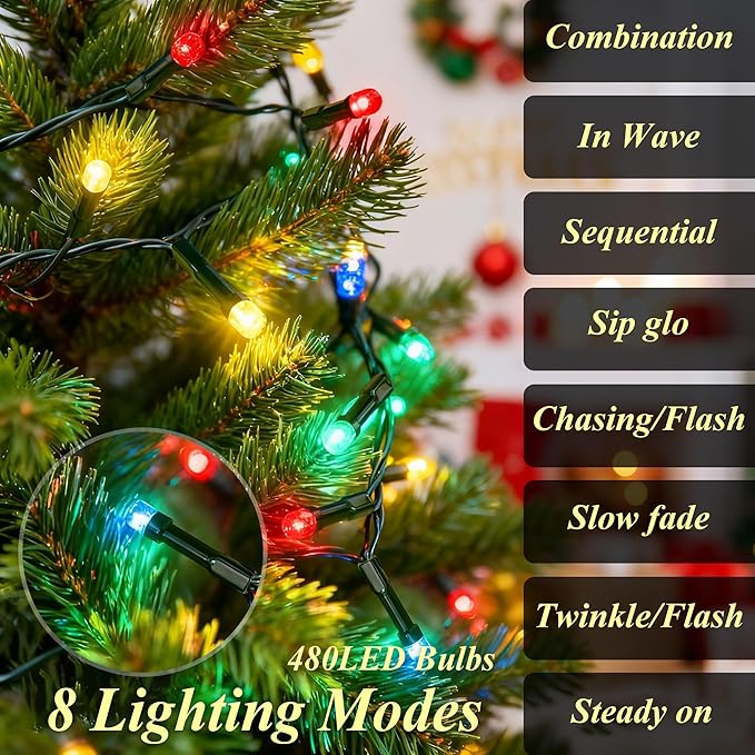 aneeway Christmas Tree Lights String, 480LED Christmas Lights for Tree with 8 Light Modes & Memory Function, 9.84FT x 16 String Light with Timing & Remote Control for Xmas Ornament - Multicolor