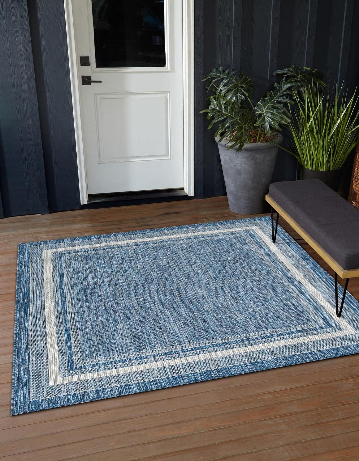 Unique Loom Outdoor Border Collection Area Rug - Soft Border (10' Square Blue/Ivory)