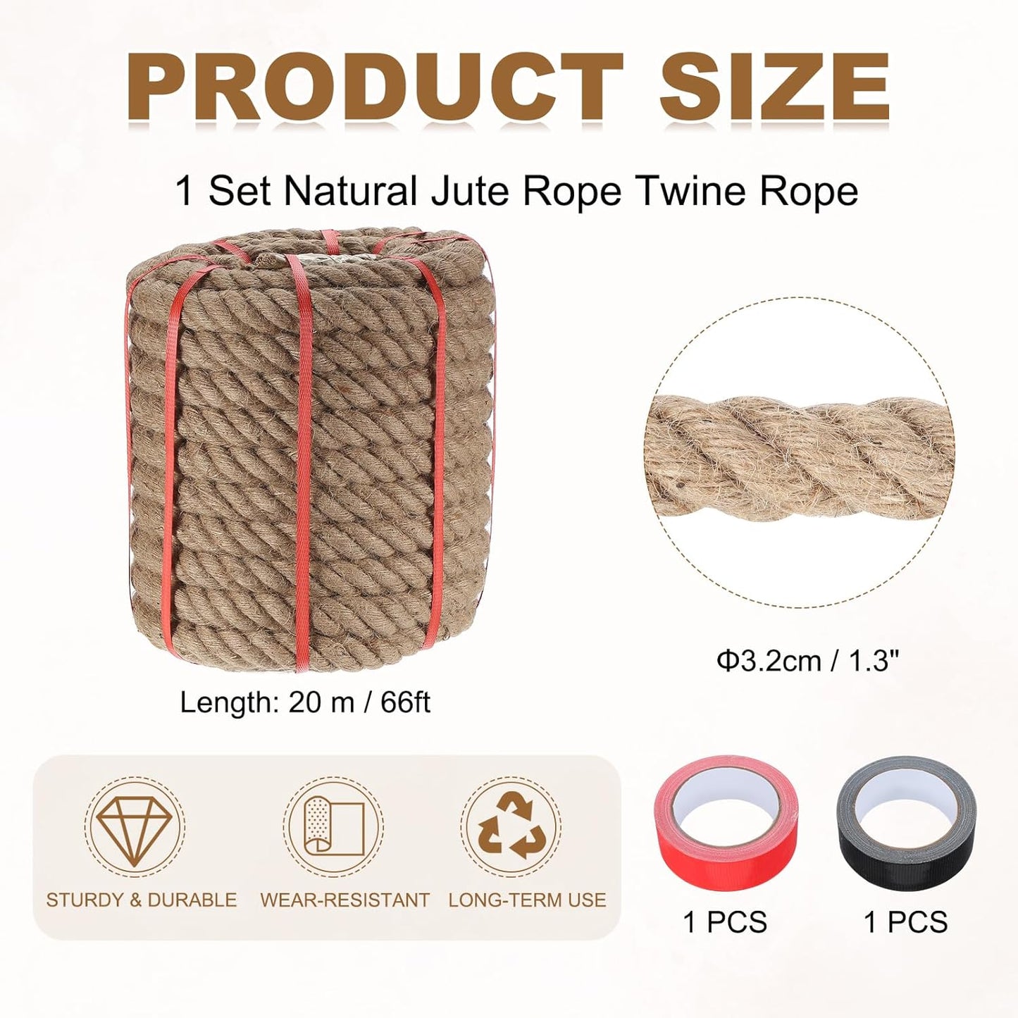 MECCANIXITY Jute Rope 1.3 Inch x 66ft, Thick Twine Rope Ropes Braided Jute Twine Natural Brown Burlap Cord String Heavy Twisted with Tapes for Decorative Crafts Railing Swing Tug of War