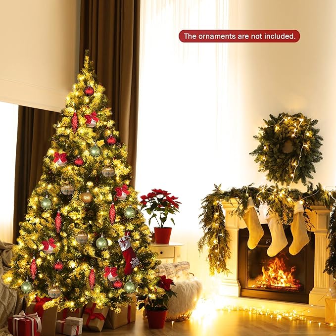 Happygrill 6ft Pre-lit Snowy Christmas Tree Pre-Strung Xmas Decoration Tree with 250 Warm White LED Lights & 818 PVC Tips, 8 Lighting Modes, Hinged Artificial Tree for Residential Commercial Use