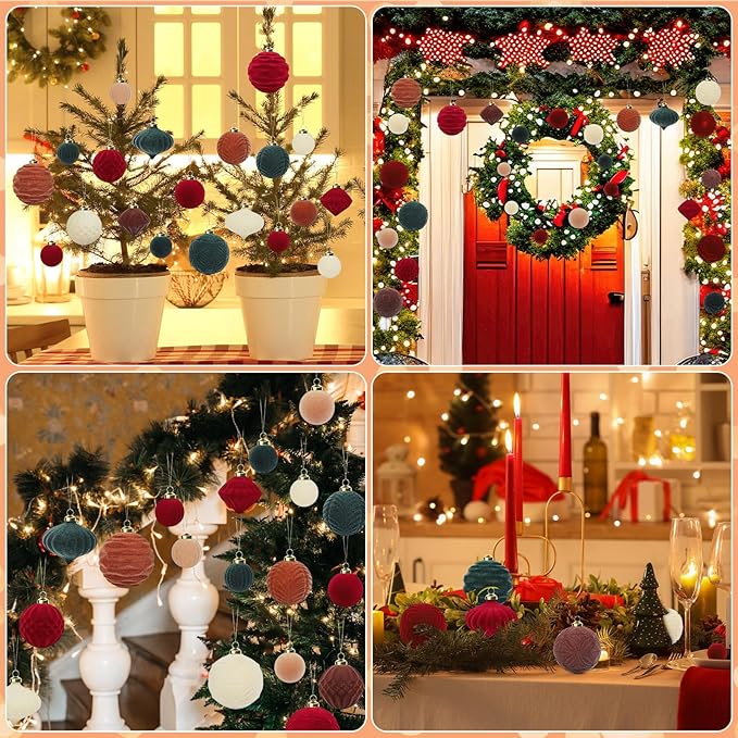 Velvet Ball Ornaments Christmas Balls Burgundy Red 35 PCS Xmas Tree Flocked Ball Ornaments Assortment for Party Garland Wreath Decor Baby Shower First Christmas Decorations