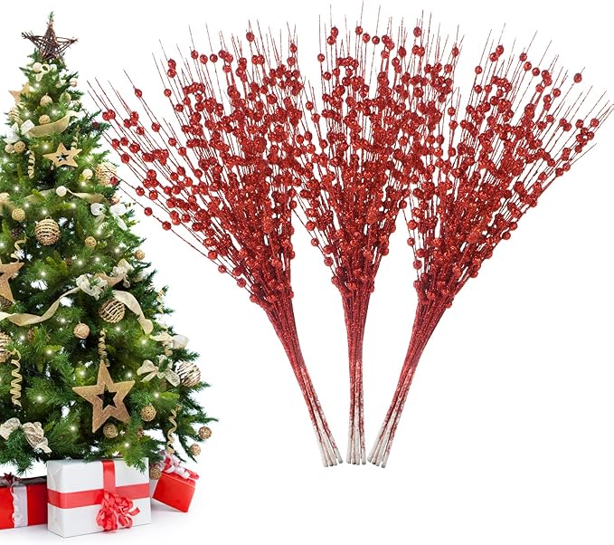 Christmas Artificial Glitter Berry Stem Decorations Decorative Bead Sticks Xmas Picks Glittery Twigs Branches for Christmas Tree Wreath Gift Vase Home Decor Party Ornaments Red 24 PCS