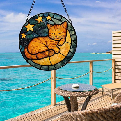 Stained Glass Window Hanging - Orange Cat Sun Catcher for Door Home Decor Stars and Moon Suncatcher Christmas Mother's Day Birthday Loss of a Pet Gifts for Women Men Mom Nana 6.3 in