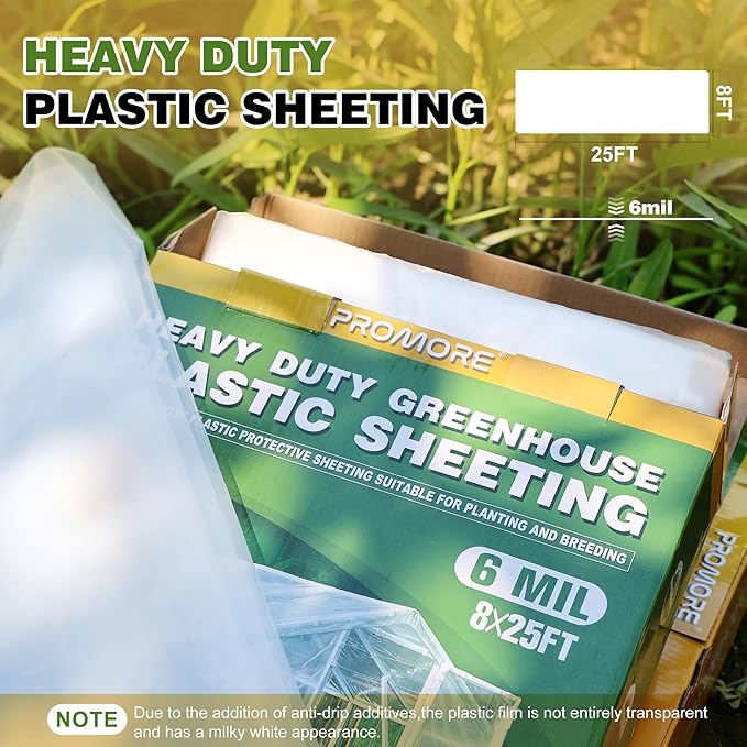 6 Mil Greenhouse Plastic Sheeting Clear 8x25 FT, Heavy Duty Polyethylene Film, UV Resistant, Tear-Proof, for Garden, Agriculture, Painting, Floor Protection