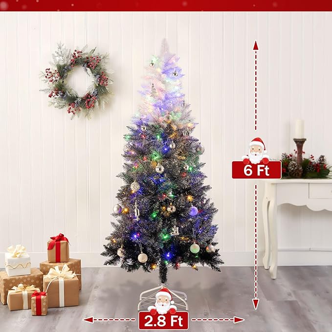 6ft Prelit Black Gradient Artificial Christmas Tree with 150 Multi-Color LED, 4 Color 8 Mode, Flocked Hinged Xmas Tree with 1000 Realistic Branch, Easy Assembly for Home Holiday Decoration