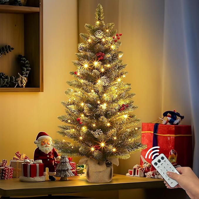 Remote Control - 3 Ft Artificial Mini Christmas Tree, Snowy Tabletop Christmas Tree 50 Warm White & Colorful Lights Timer Battery Operated 110 Branches 12 Pinecones 84 Red Berry Burlap Base Xmas Decor