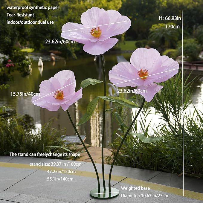 Large Paper Artificial Flowers,Giant Flowers for Decoration,Huge Handcrafted Poppy Fake Flowers with Stand for Home Decor Bridal Shower Party Outdoors Yard Event Backdrop Decor (Pink)