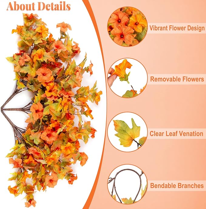 Artificial Fake Fall Flowers with Hanging Basket for Outdoor Decoration, Silk Faux Flowers UV Resistant Fake Plants for Home Porch Patio Garden Window Box Autumn Decor Look Real (Orange)