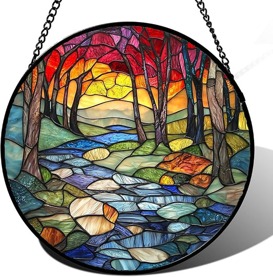 Stained Glass Window Hanging, Red Tree Abstract Sunset Lake Sun Catcher for Window Home Decor Landscape Suncatcher Mother's Day Birthday Gifts for Women Men Mom and Nana 11.8 in