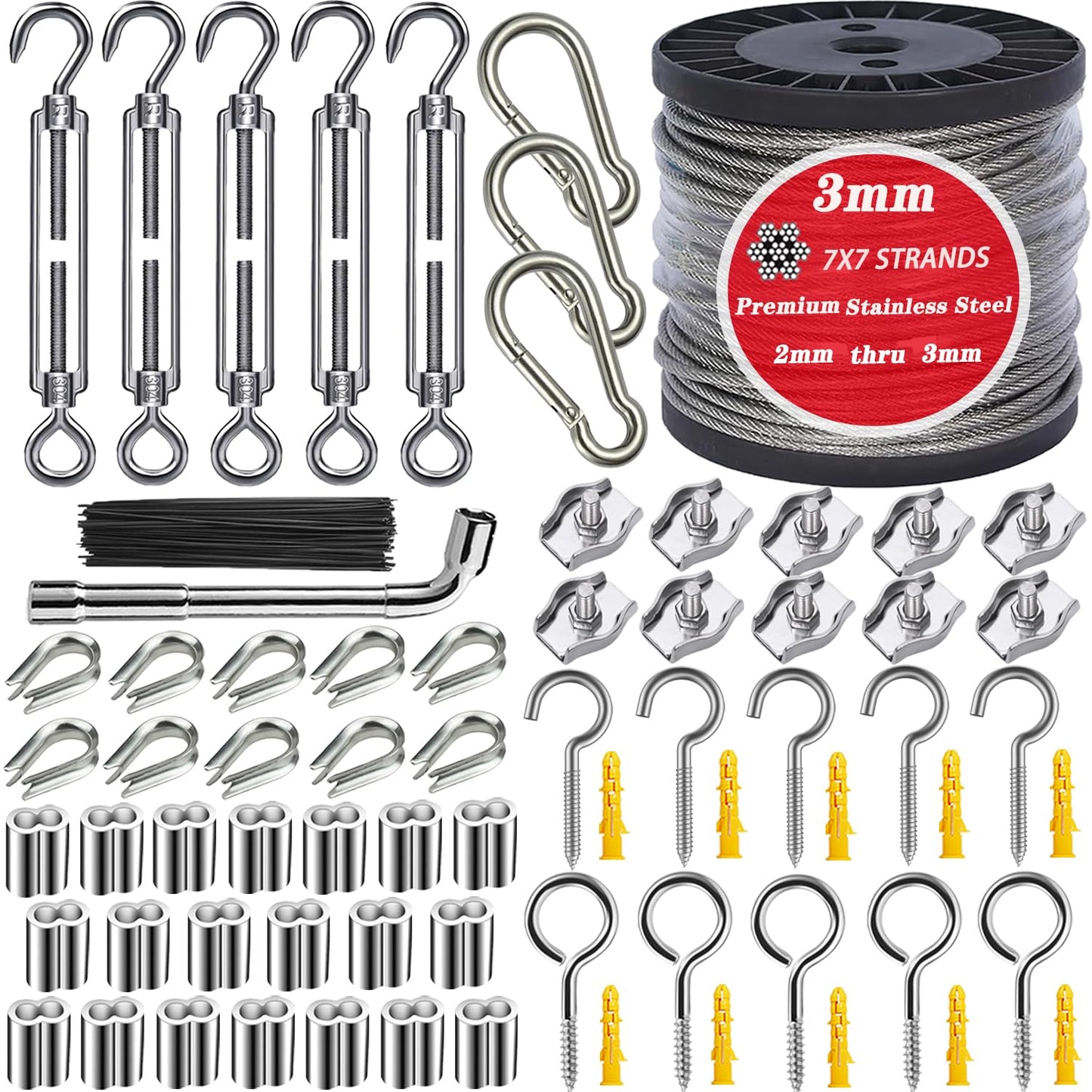 1/8" Stainless Steel Cable,100ft Wire Rope Kit Turnbuckles for Cables Wire, 7x7 Strand Core 3/32" Overmolded to 1/8" Metal Cable for Outdoor Hanging Kit,Garden Fence,Decor, Plant Hanger