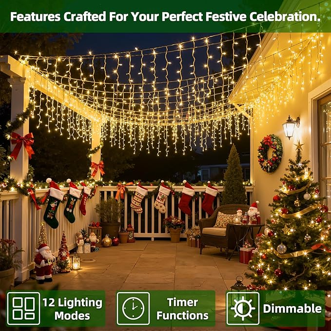 810 LED Christmas Lights with 180Drops, 82ft 12 Modes Warm White Fairy String Lights with Timer Dimmable, Waterproof Twinkle Lights for Indoor Outdoor Holiday Wedding Party Eaves Yard Christmas Decor