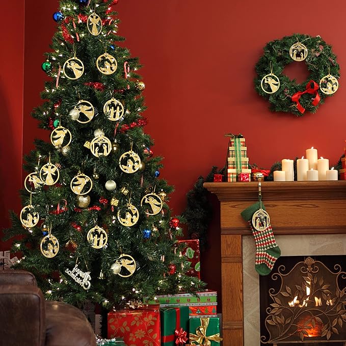 14 Pcs Nativity Scene Ornaments, Christmas Wooden Nativity Hanging Ornaments Set, Christian Nativity Scene Christmas Tree Decoration, Xmas Religious Gift for Family Friends and Christian