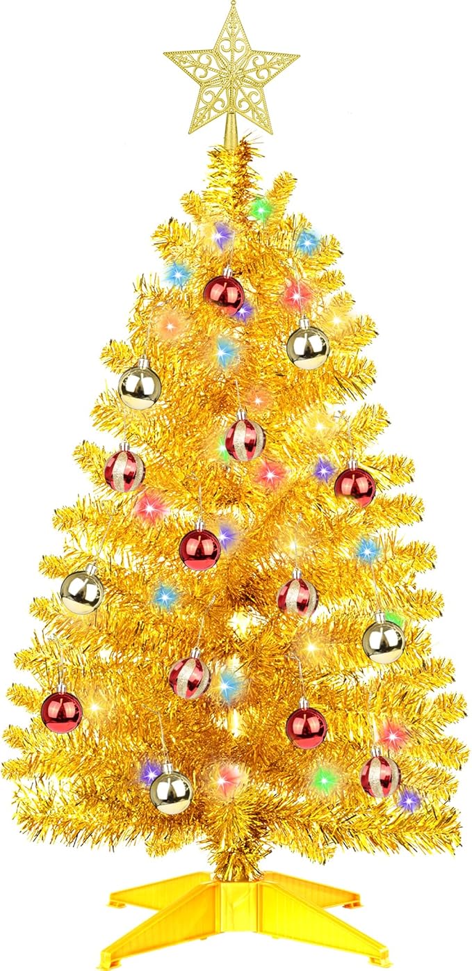3 Ft Gold Tinsel Christmas Tree Dual Color Change 12 Modes Timer DIY 50 Warm White & Multicolor Lights Star 15 Ball Ornaments Small Artificial Full Xmas Tree Battery Operated Table Home Indoor