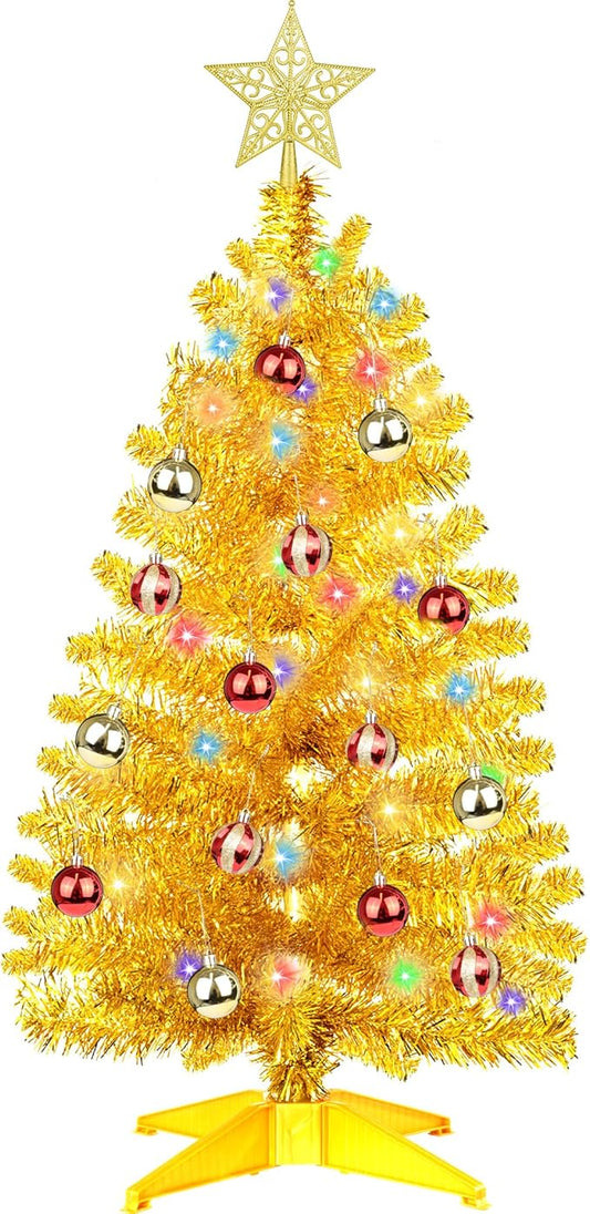 3 Ft Gold Tinsel Christmas Tree Dual Color Change 12 Modes Timer DIY 50 Warm White & Multicolor Lights Star 15 Ball Ornaments Small Artificial Full Xmas Tree Battery Operated Table Home Indoor