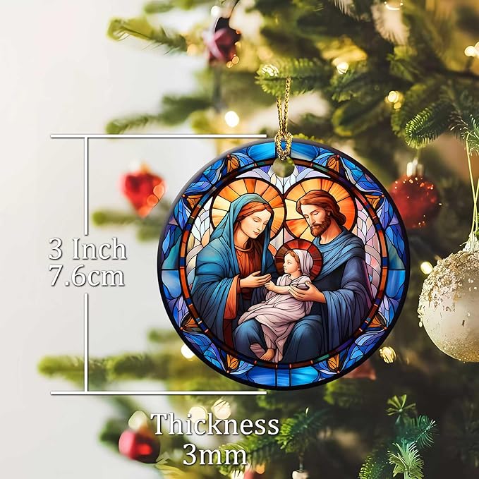 Nativity Scene Ornaments Nativity Night Round Ceramic Stained Glass Style Birth of Jesus Christ Hanging Ornament Christmas Keepsake Decor for Xmas Tree Winter Holiday Xmas Gift for Women Men 3"